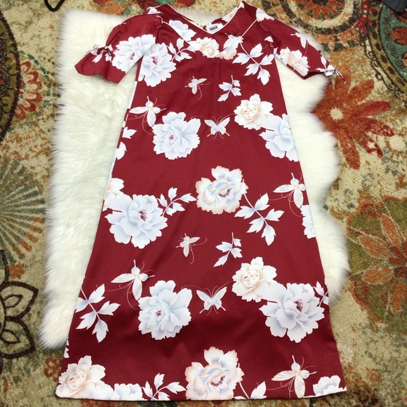 Vintage Hawaiian Malama Island Aloha Dress Maxi Floral Tropical Red 12 - Picture 1 of 10